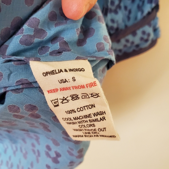 Ophelia & Indigo Cotton Peasant Blouse Block Print Boho Size Small Blue - Picture 4 of 9
